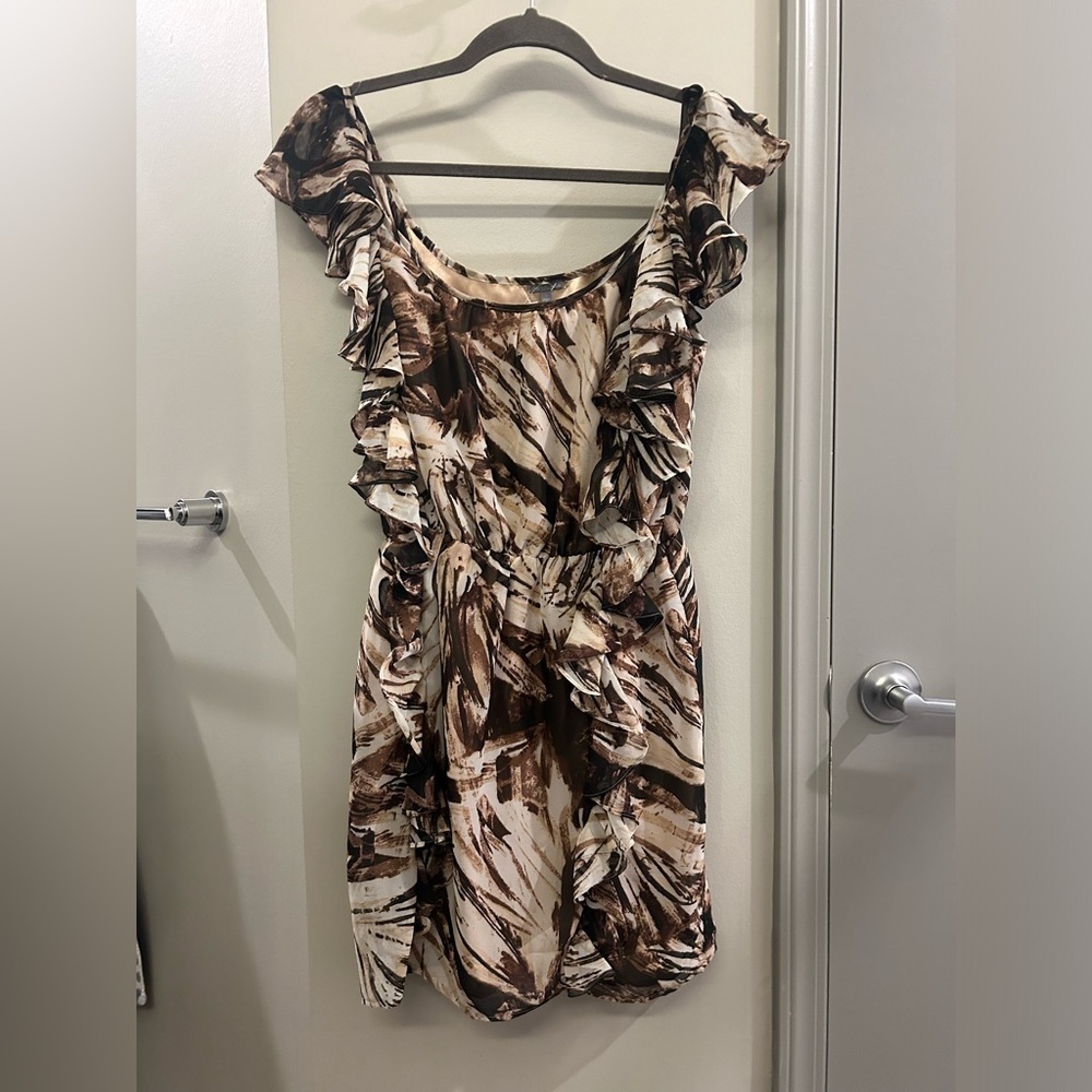 Charlotte Russe Mini Ruffle Dress Womens Small Sleeveless Brown Abstract